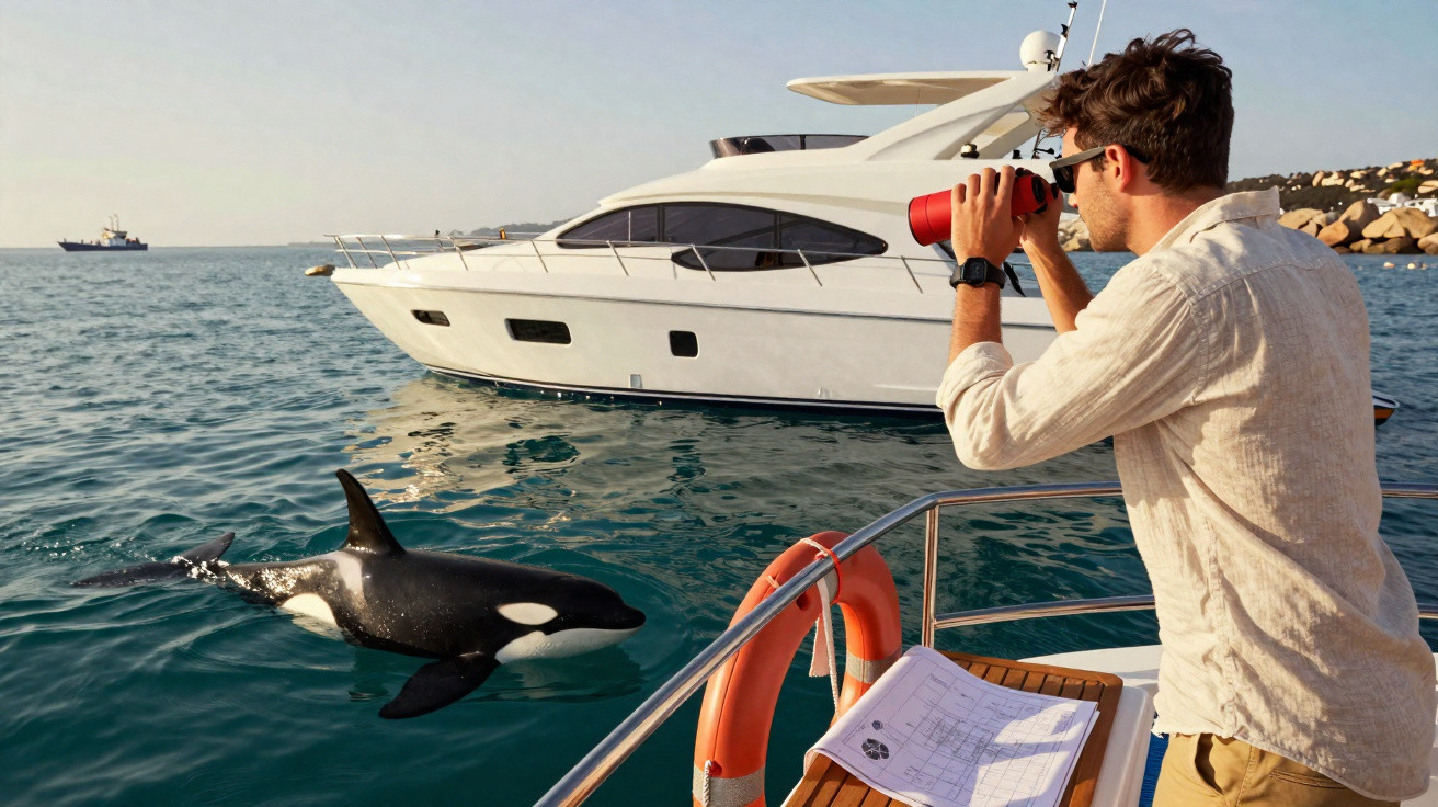 Man using binoculars on a boat watching an orca whale swim near a luxury yacht on calm sea.