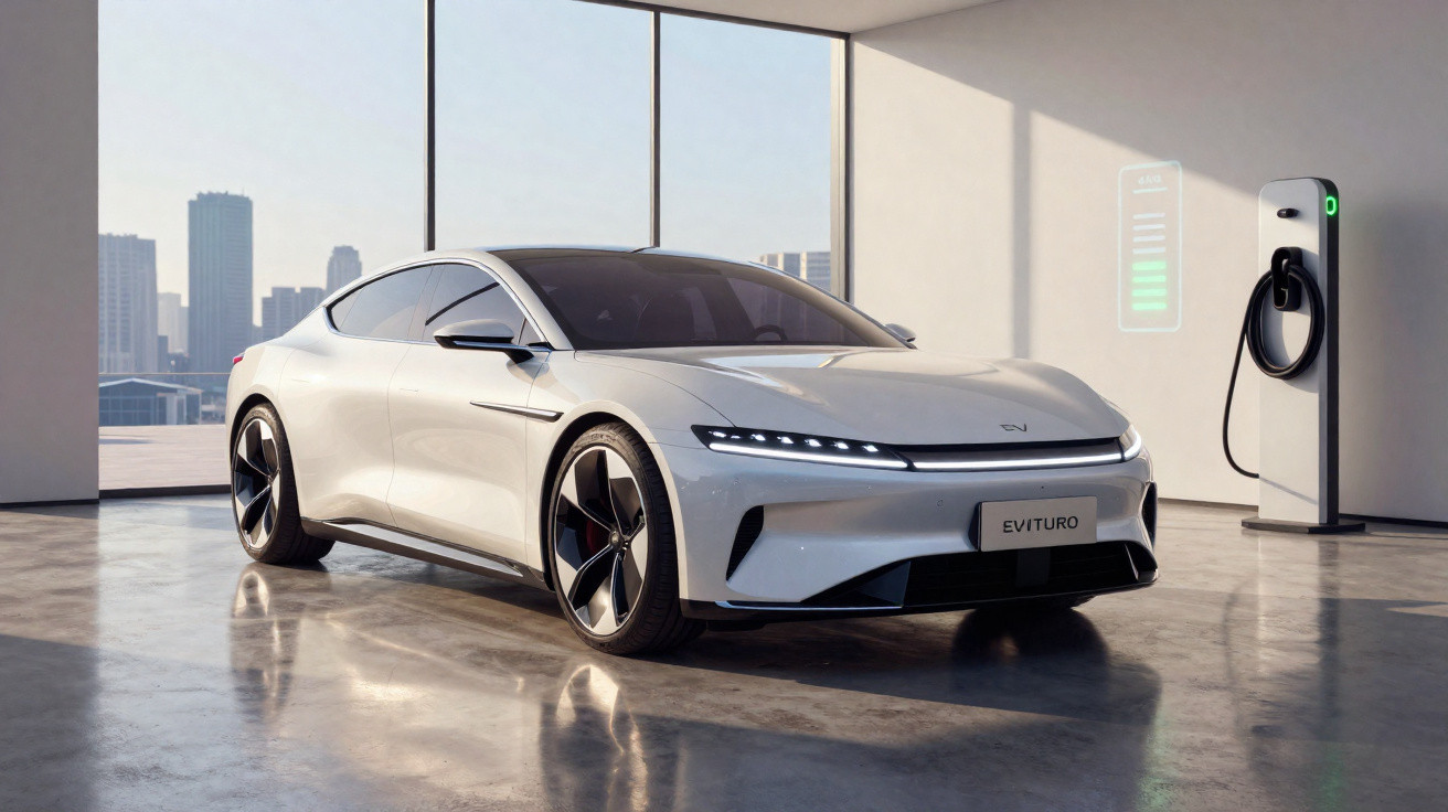 White electric sports car parked indoors next to a futuristic charging station with city skyline visible.
