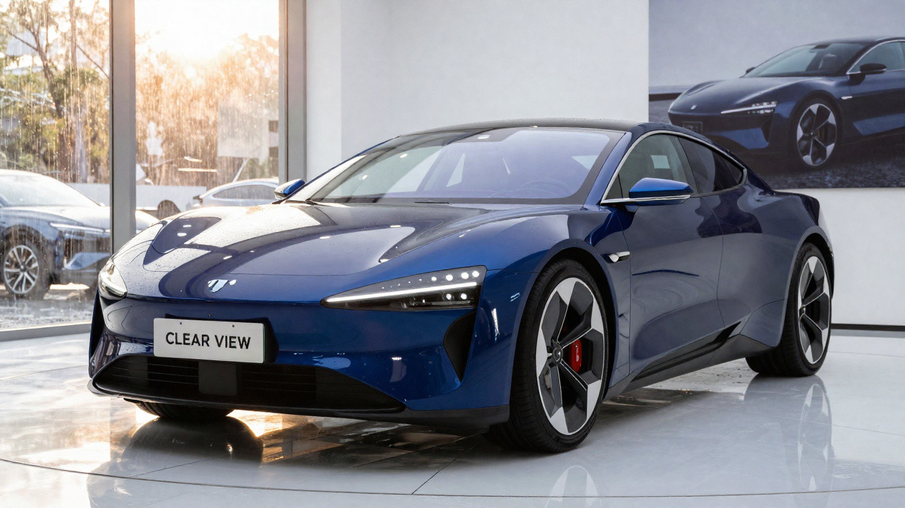Blue sleek electric sports car with futuristic headlights displayed indoors beside a large window.