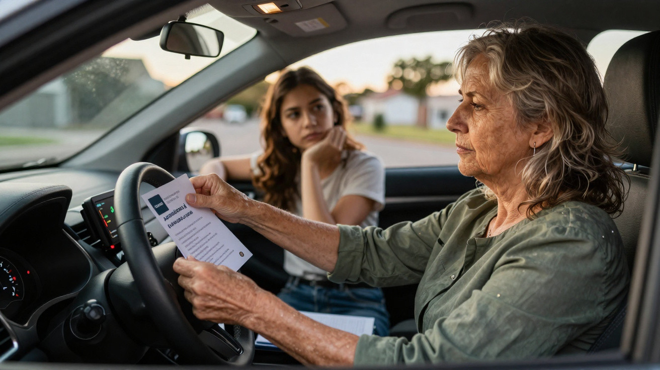 Older woman showing a driving test paper to a younger woman inside a car, both seated in front seats.