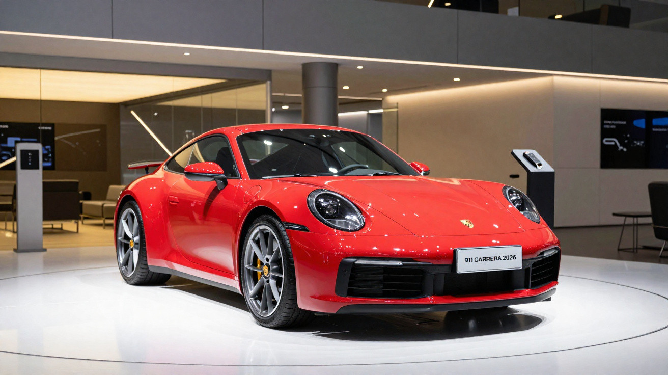 Red 2026 Porsche 911 Carrera sports car displayed on a white platform in a modern showroom.