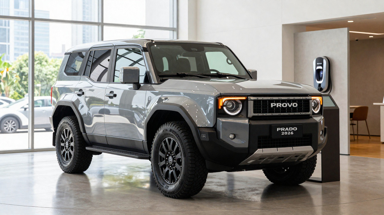 Grey Provo Prado 2026 off-road SUV displayed indoors with black trim and rugged tyres
