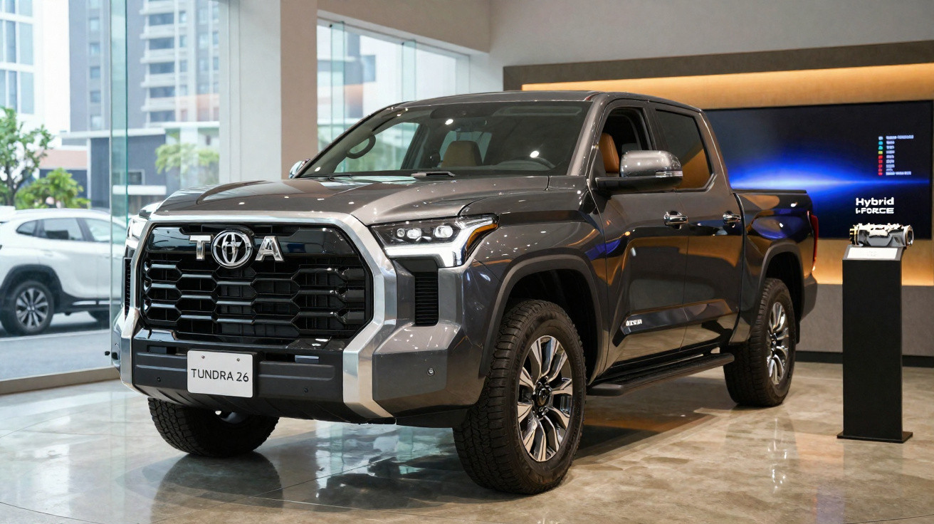 Grey Toyota Tundra 26 pickup truck displayed indoors in a showroom with modern city buildings outside.
