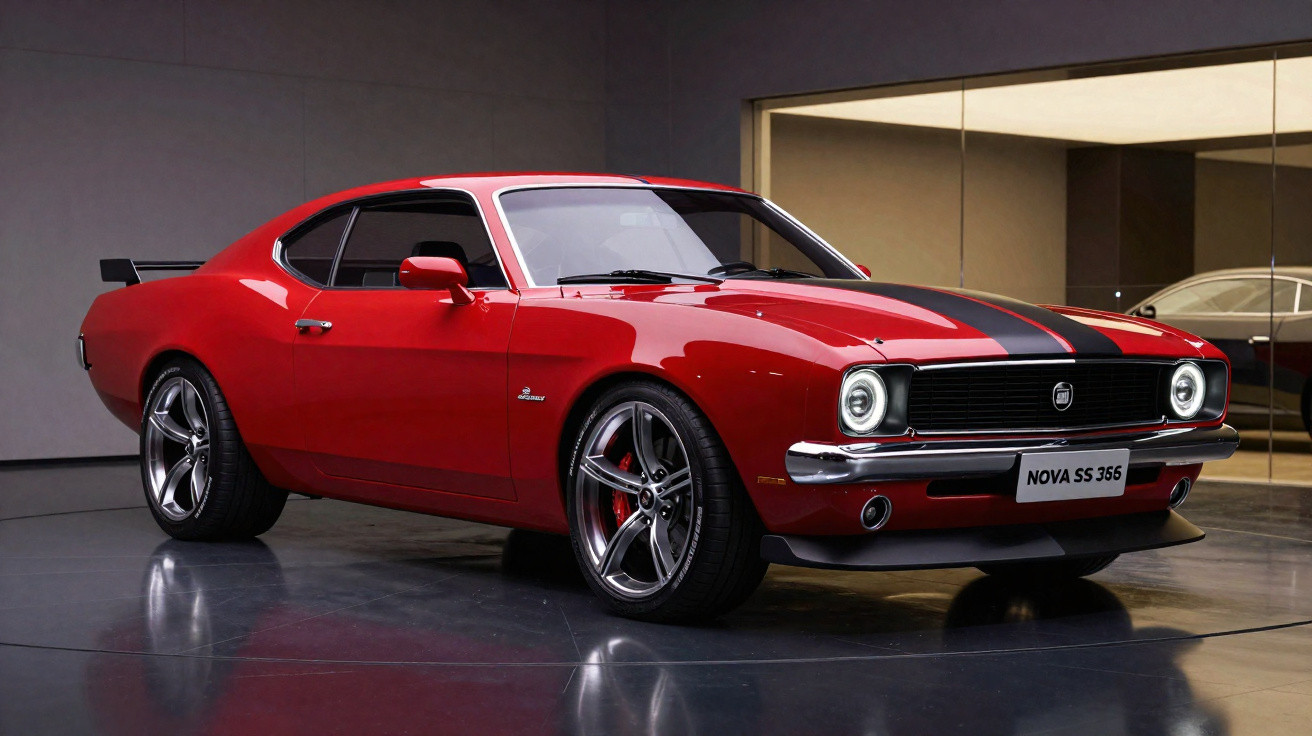 Red classic Chevrolet Nova SS 356 muscle car with black racing stripe on display in modern showroom.