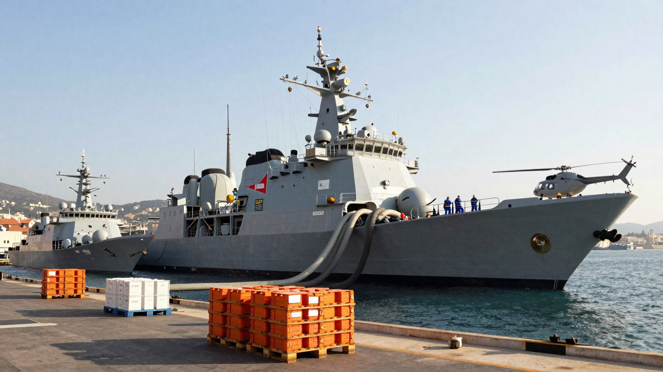 Two grey naval warships docked at a port with a helicopter on the bow of the front ship.