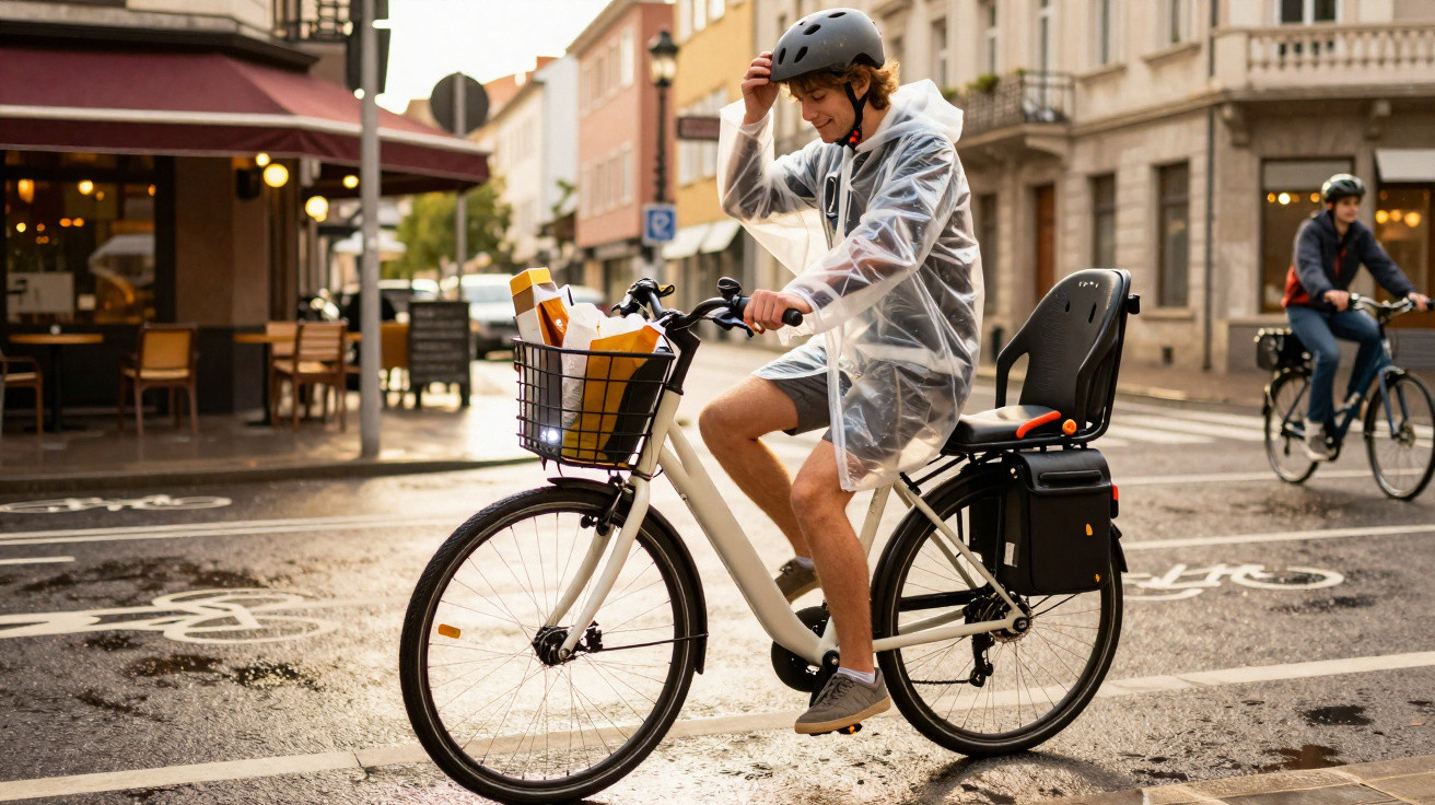 Person in a raincoat and helmet adjusting helmet while sitting on a bicycle with groceries in the basket on a city street.