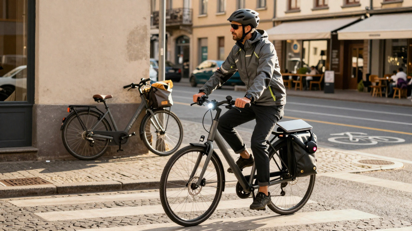 Man wearing helmet and sunglasses rides electric bike on city street near a parked bicycle.