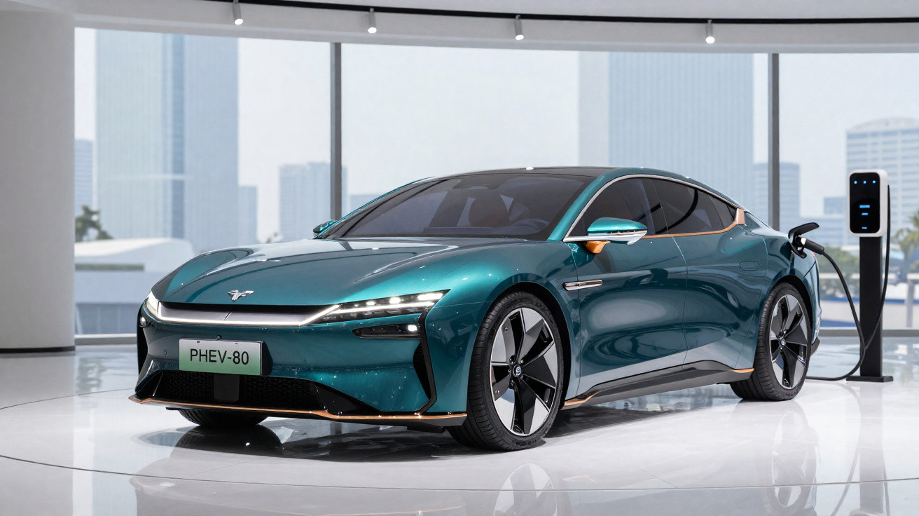 Sleek teal electric sports car plugged into a charging station in a modern showroom with city view background.