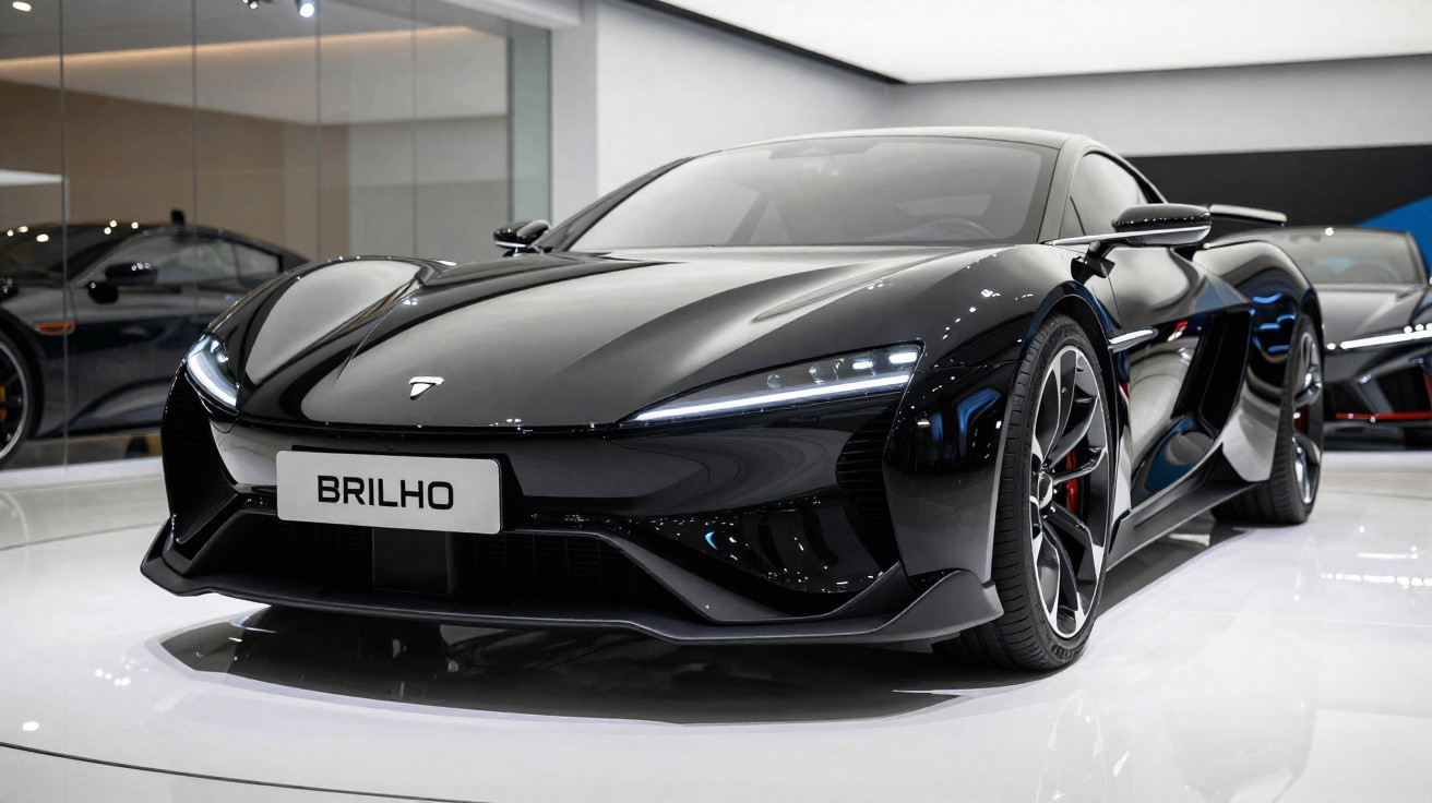 Black sleek sports car with aerodynamic design displayed in a modern showroom on a white floor