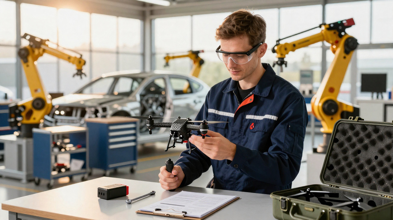Engineer wearing safety glasses assembling a drone in a workshop with robotic arms and a car in the background.