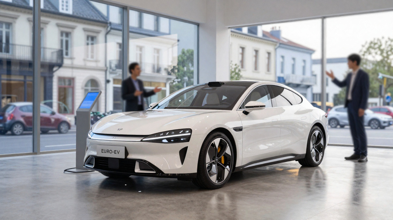 White electric car on display inside a showroom with people talking near large windows overlooking a street.