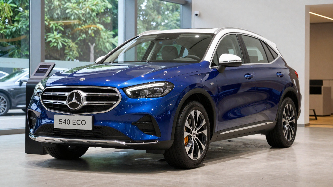 Blue Mercedes-Benz 540 ECO SUV displayed indoors with large windows and polished concrete floor.