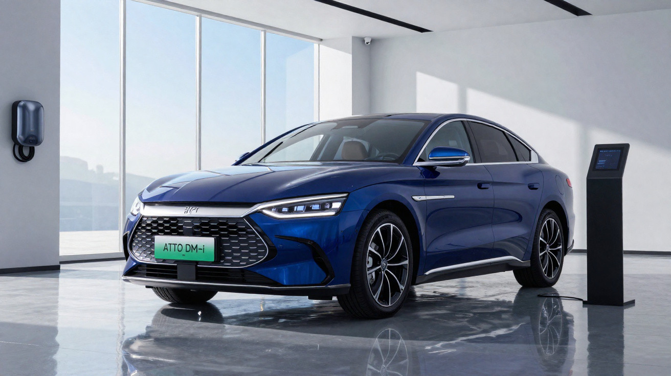 Blue BYD Atto DM-i electric car displayed indoors beside a charging station and information kiosk.