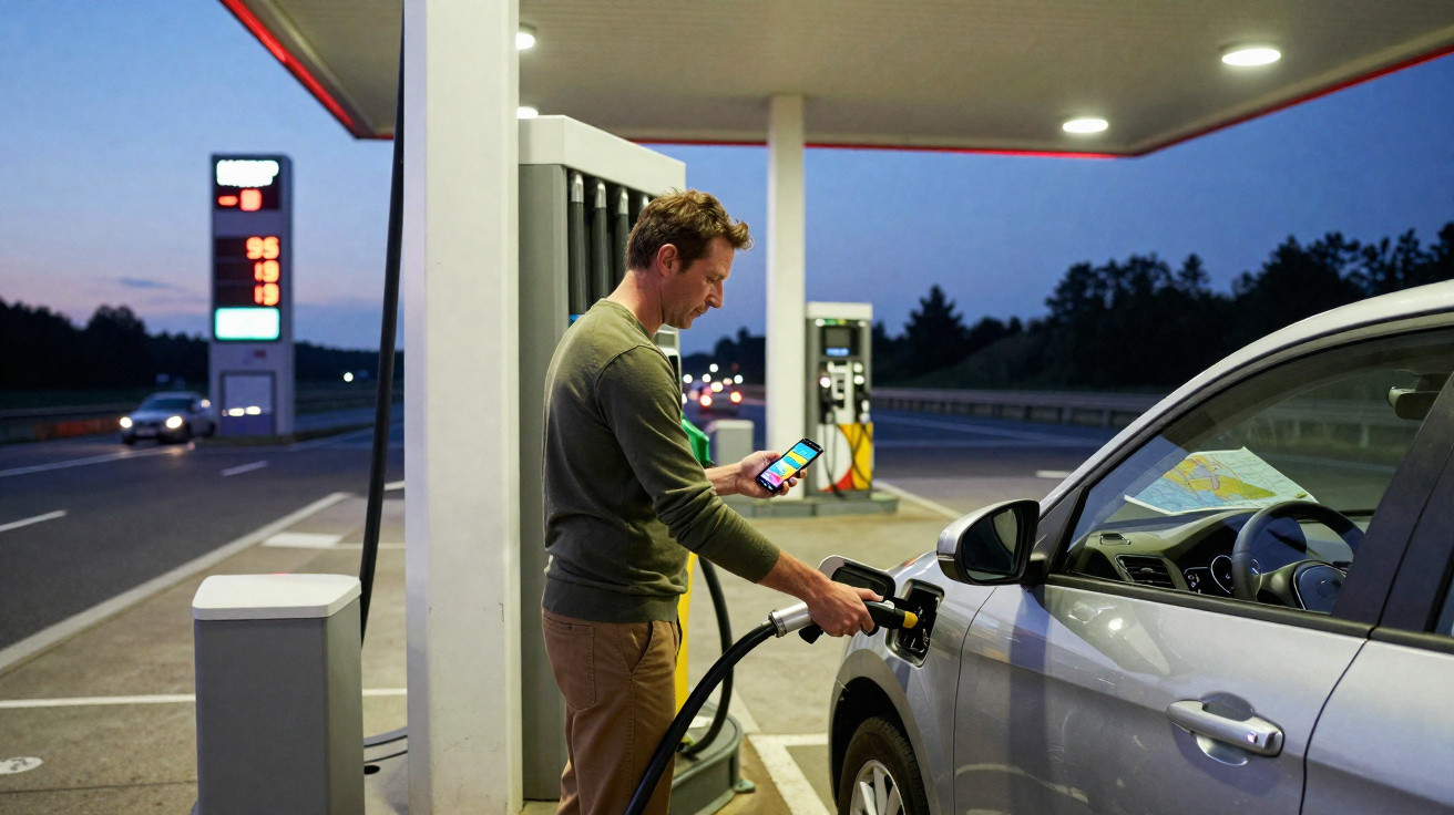 Man refuelling silver car at petrol station while checking smartphone at dusk on motorway.