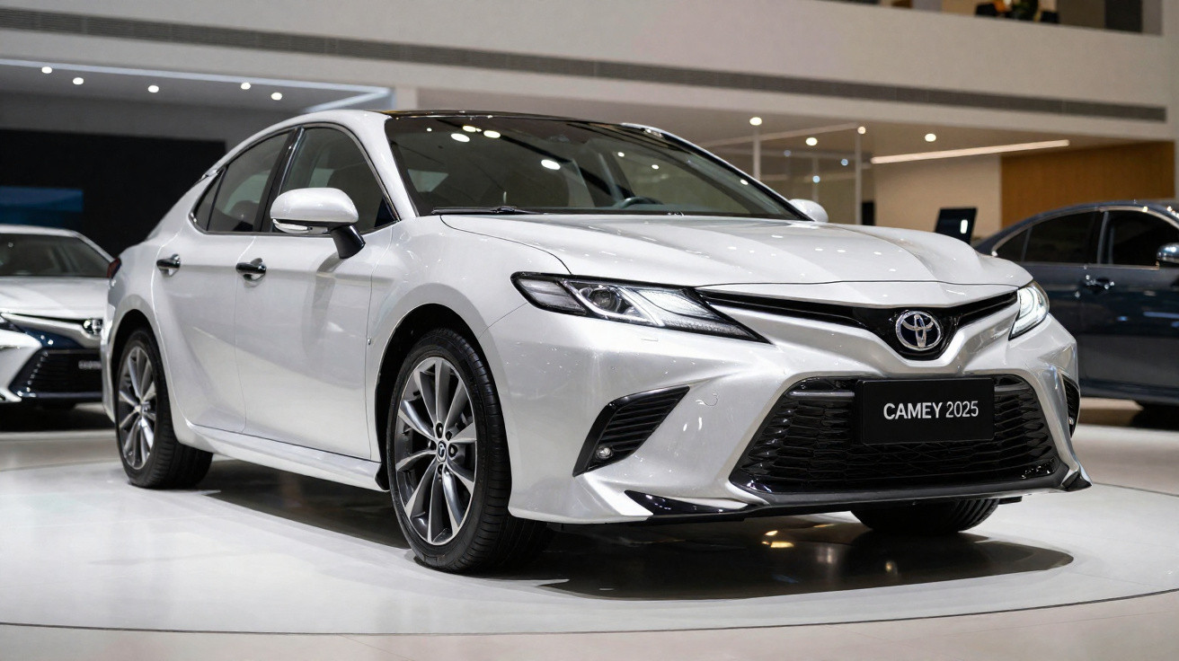 Silver 2025 Toyota Camry sedan displayed indoors with sleek design and sporty front grille.