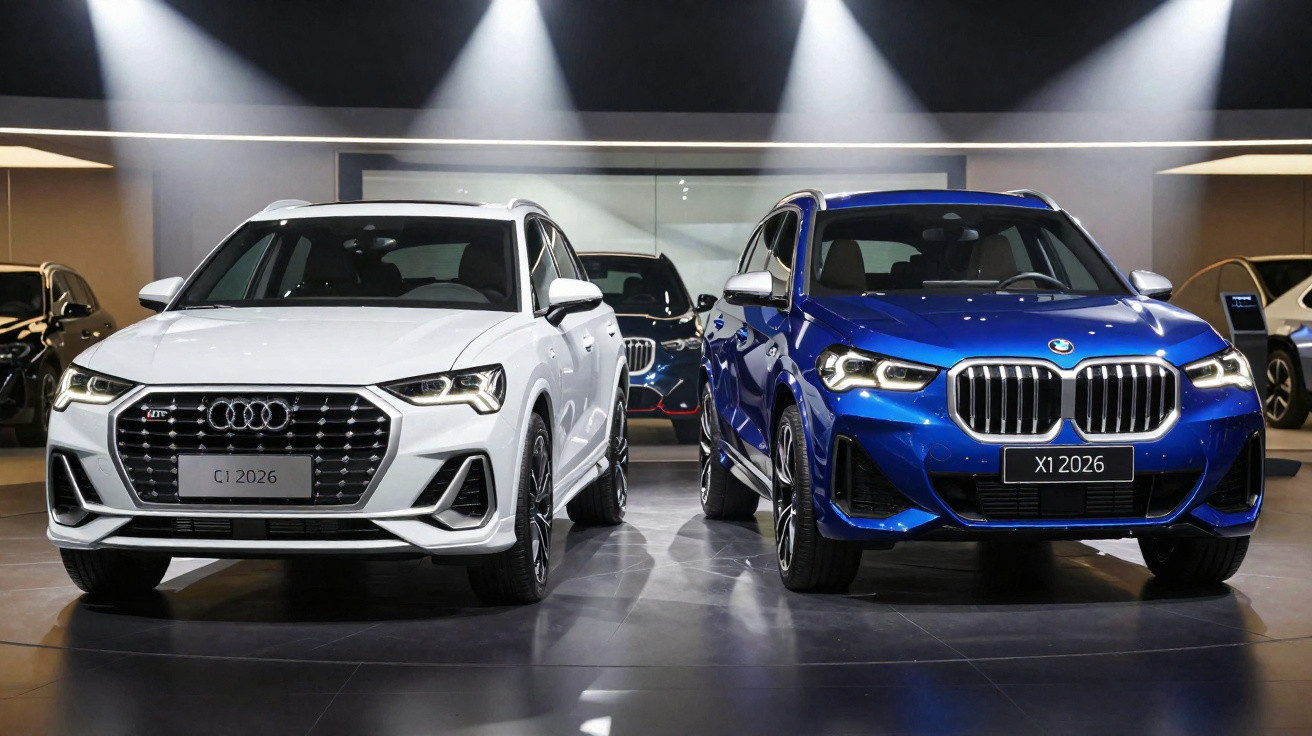 White Audi Q1 2026 and blue BMW X1 2026 SUVs displayed side by side in a showroom with overhead lighting.