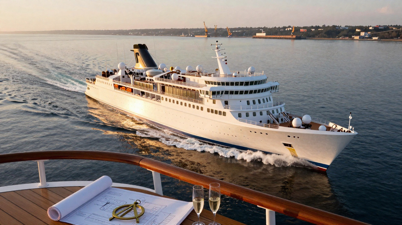 A white luxury cruise ship sails near the coast at sunset, viewed from another ship’s deck with plans and glasses.