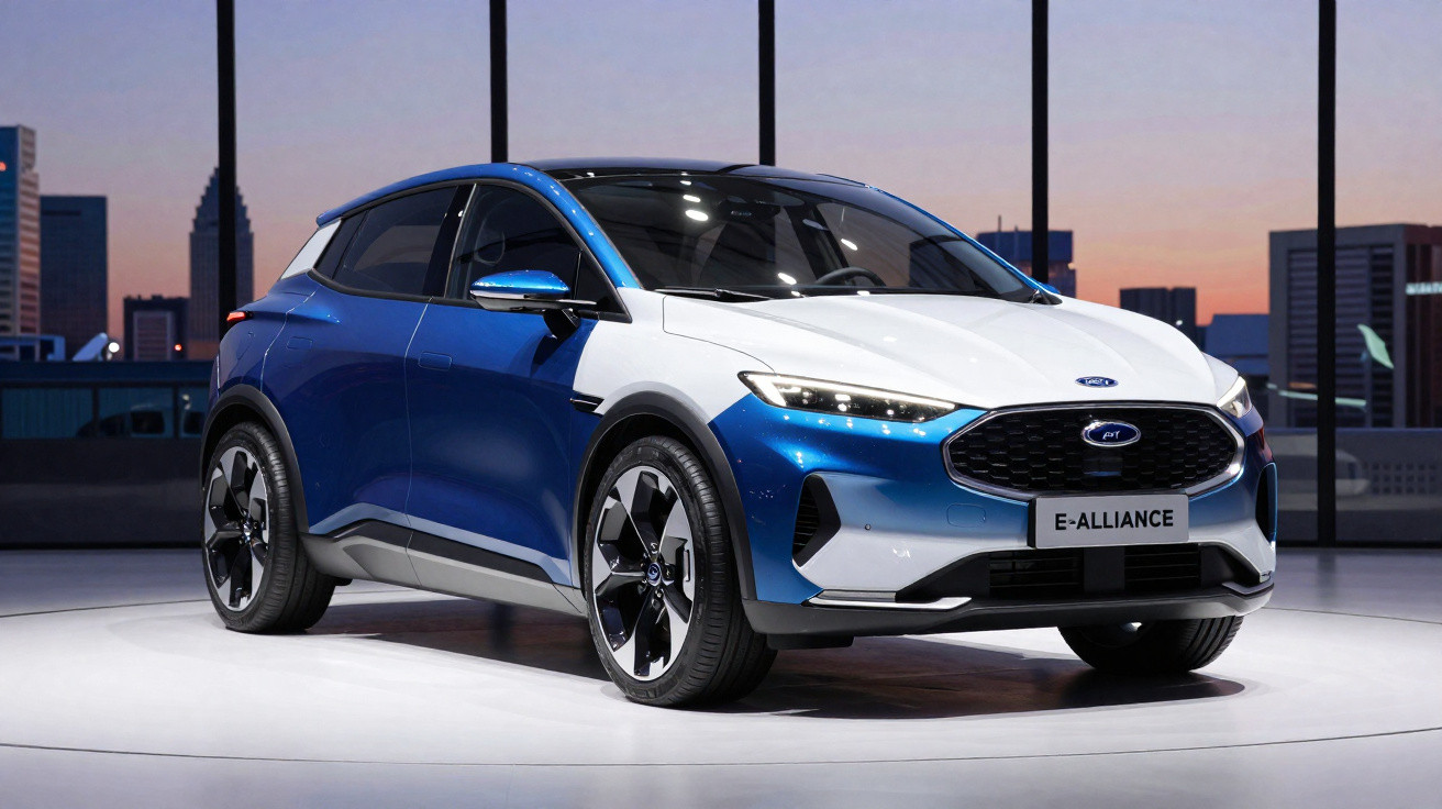 Blue and white Ford E-Alliance electric SUV displayed indoors with city skyline at dusk in the background.