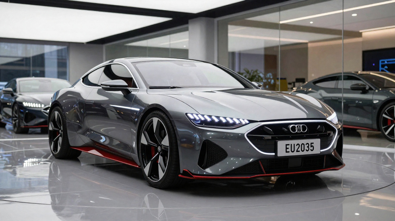 Grey Audi electric sports car with LED headlights displayed in a modern showroom.