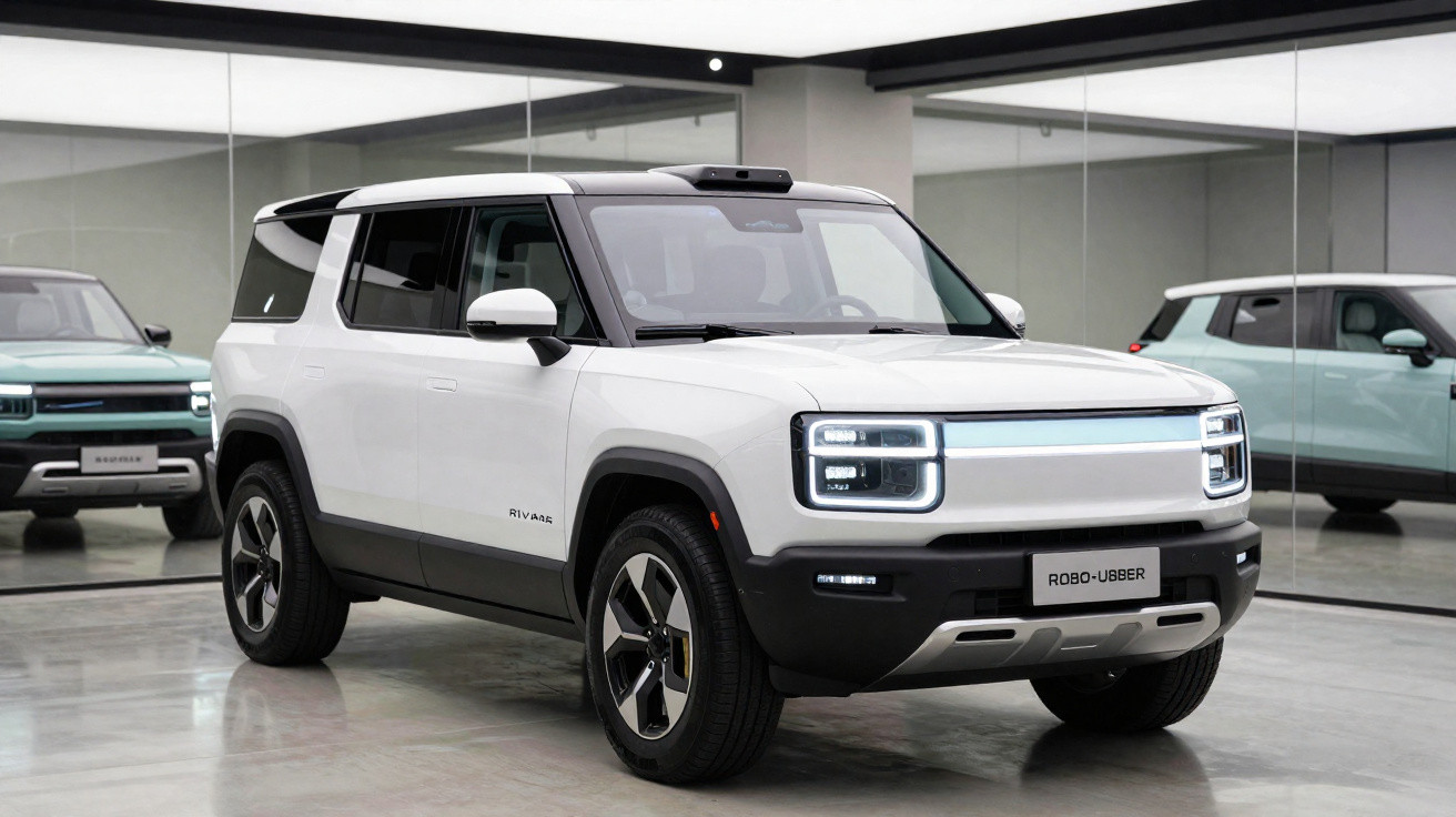 White electric SUV Rivian R1S parked indoors with mirrored walls reflecting other vehicles.
