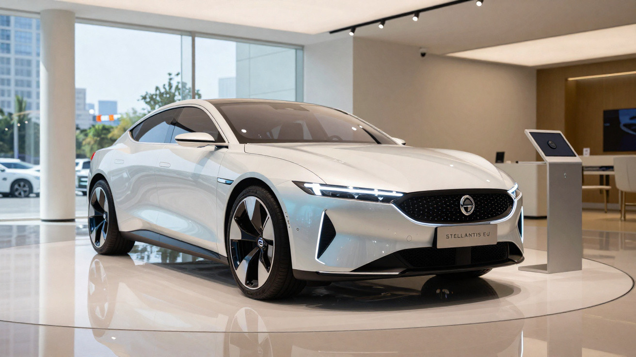 White modern electric concept car displayed on a rotating platform in a showroom with large windows.