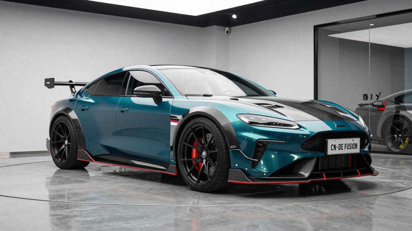 Glossy teal sports car with black and red accents parked in a modern, minimalistic showroom.