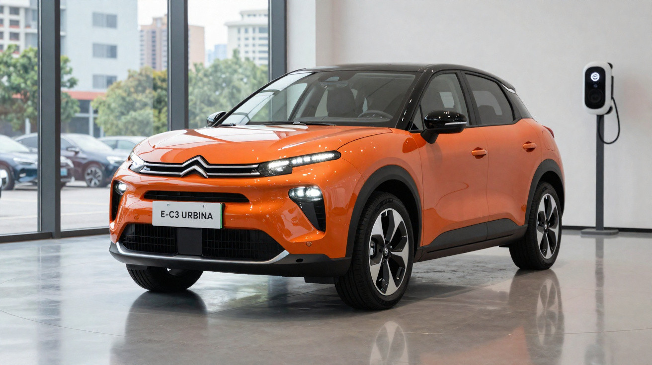 Orange Citroën E-C3 Urbina electric car displayed indoors near a charging station and large windows.