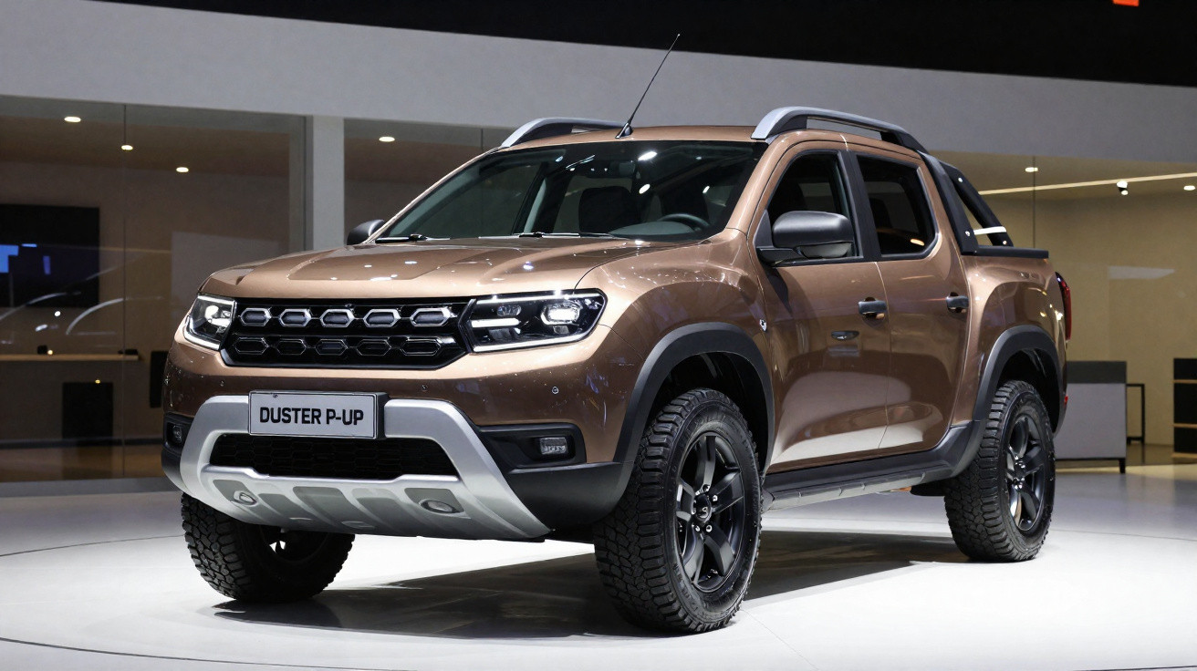Brown Dacia Duster P-Up pickup truck displayed indoors with black alloy wheels and silver front skid plate.