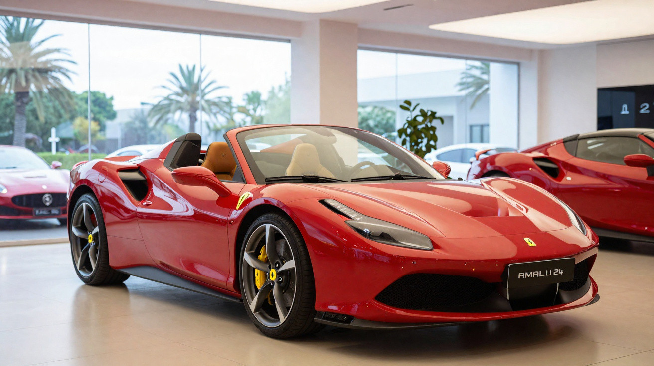 Red Ferrari convertible sports car displayed indoors with beige interior and visible yellow brake calipers.