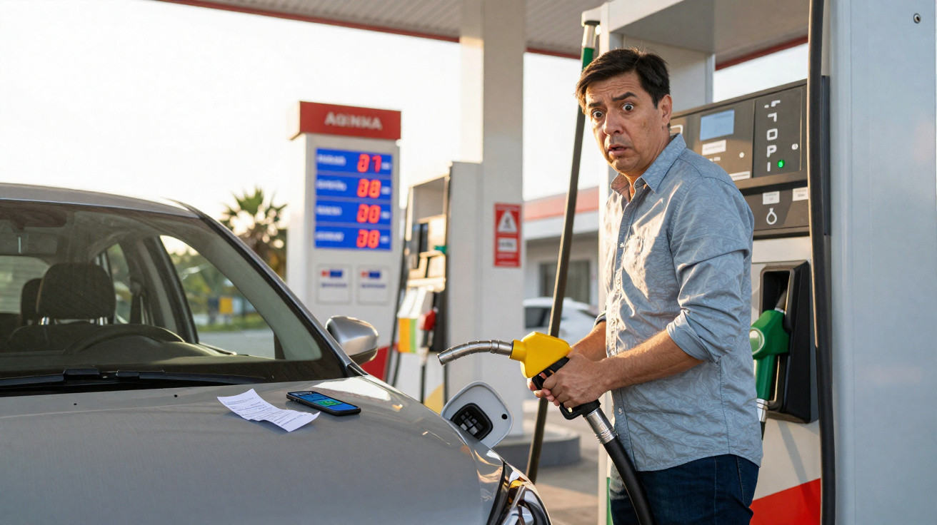 Man with surprised expression holding fuel nozzle while refuelling car at petrol station.