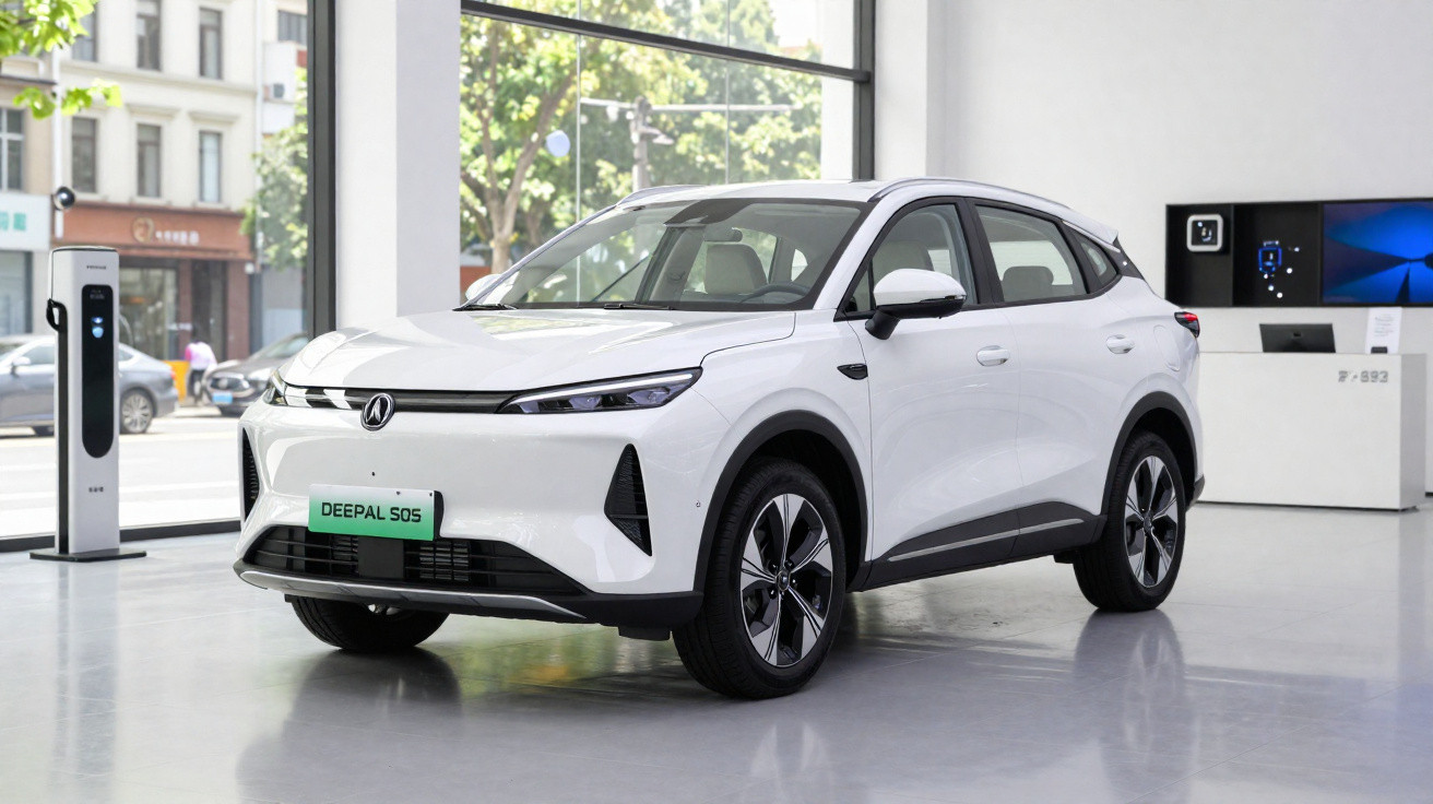 White Deepal S05 electric SUV displayed indoors near a charging station with large glass windows in the background.