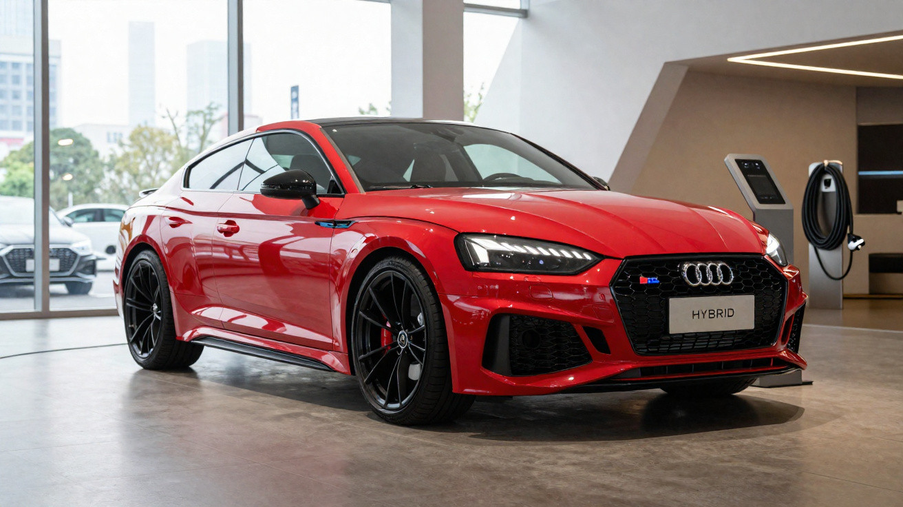 Red Audi RS5 hybrid coupe with black roof and alloy wheels inside a showroom near a charging station.