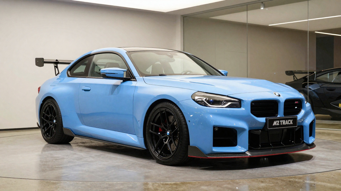 Blue BMW M2 with black wheels and rear spoiler parked indoors on a polished concrete floor.
