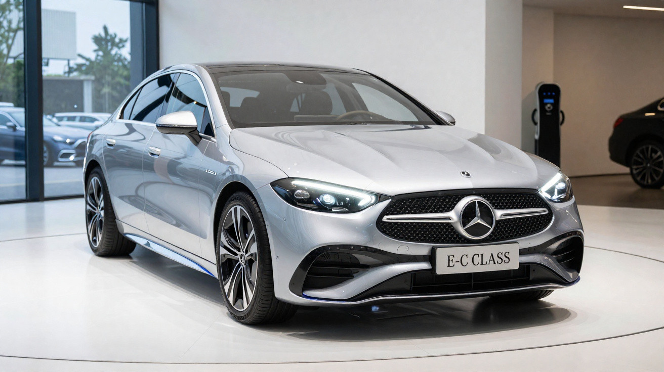 Silver Mercedes-Benz E-Class sedan displayed indoors with headlights on and modern design features.