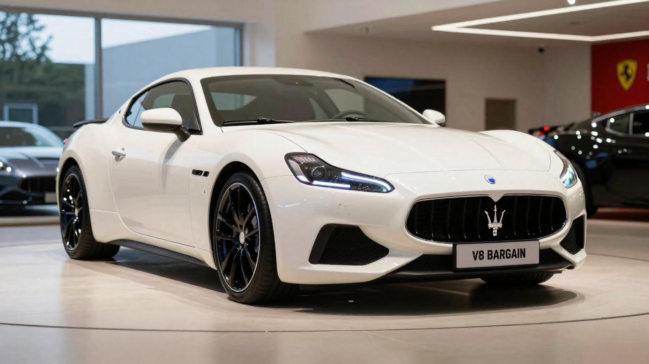 White Maserati sports car with black wheels displayed indoors, licence plate reads V8 BARGAIN.
