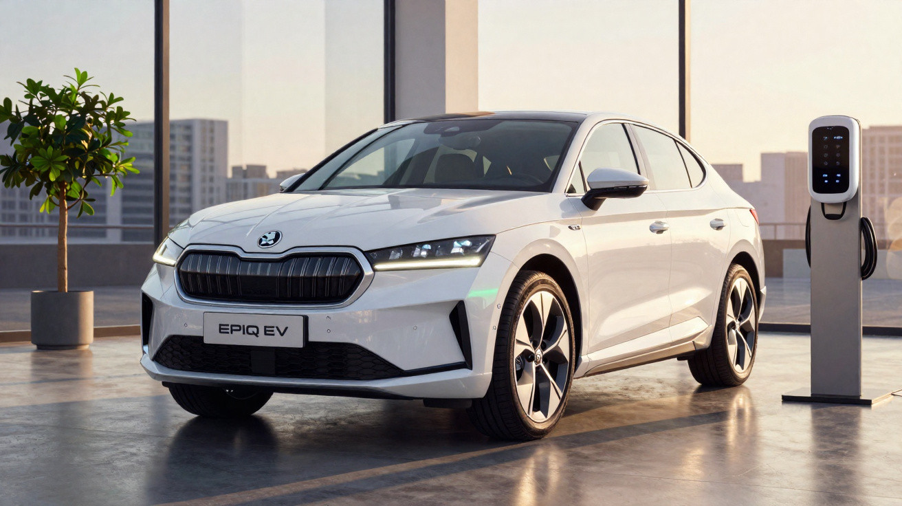 White Škoda Epiq EV electric car parked indoors beside a charging station with city buildings visible outside.