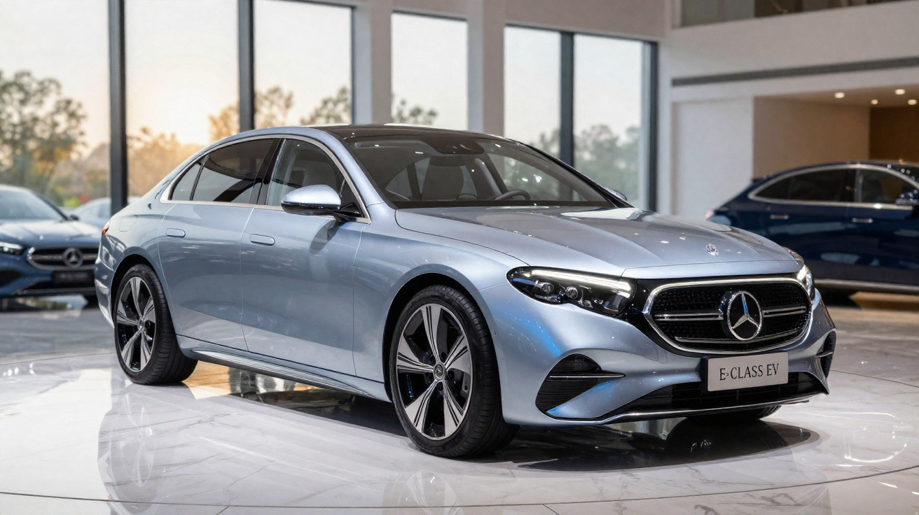 Silver Mercedes-Benz E-Class EV electric sedan displayed in a showroom with large windows and reflective floor.