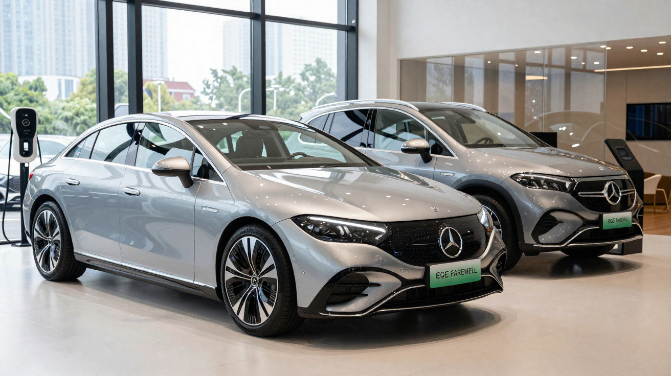 Two silver Mercedes-Benz electric cars displayed in a showroom with a charging station visible through large windows.