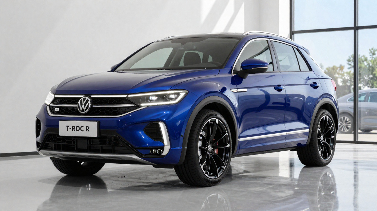 Blue Volkswagen T-Roc R compact SUV parked indoors with large black alloy wheels and tinted windows.