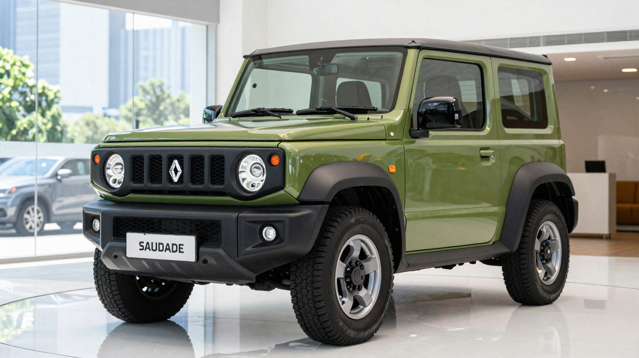 Green Renault Saudade compact SUV displayed indoors with modern glass and city buildings in the background.