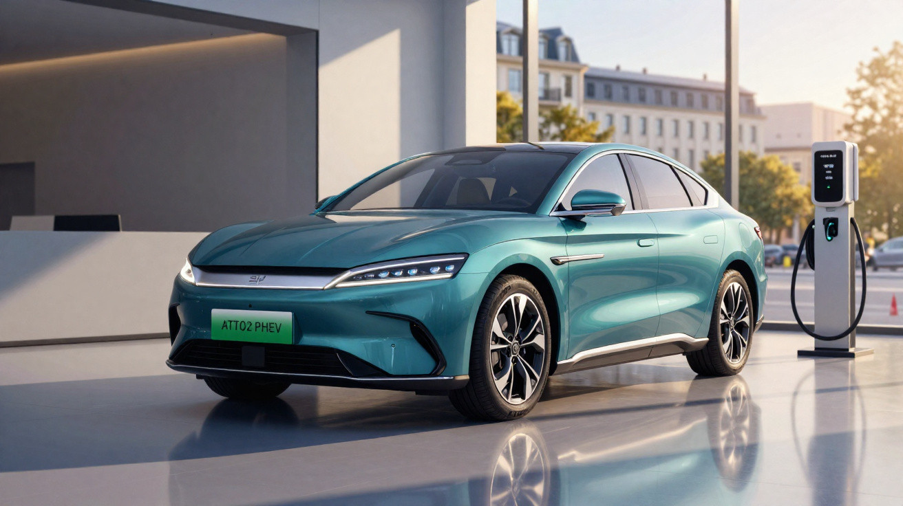 Sleek teal electric sedan parked beside a charging station in a modern urban setting at sunset.