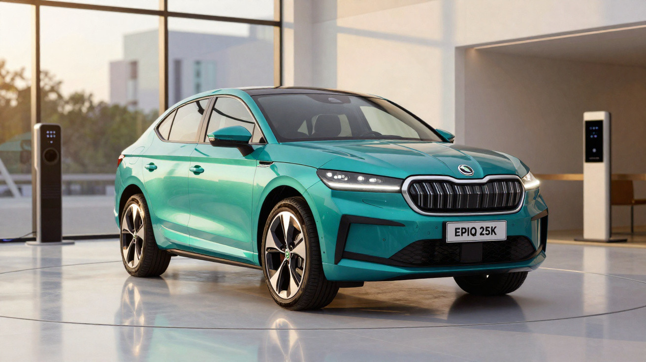 Teal Skoda Enyaq iV coupe electric car displayed indoors with charging stations in the background.