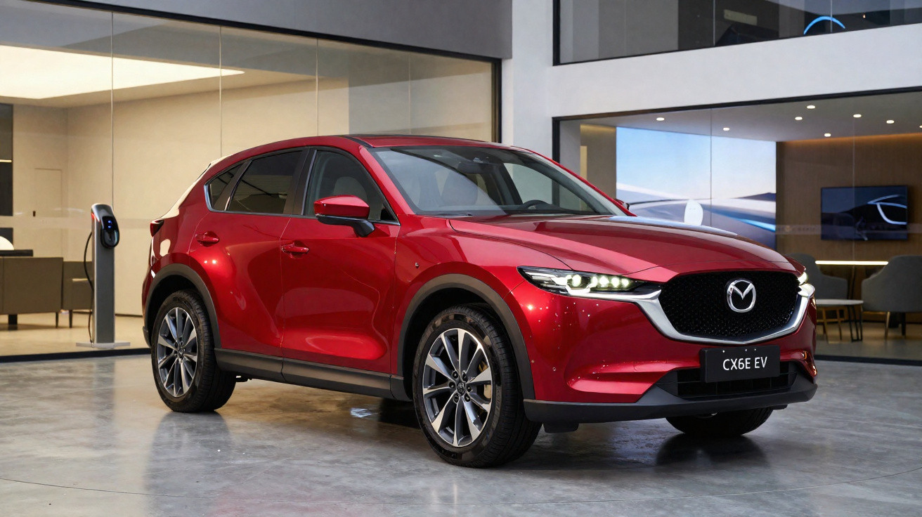 Red Mazda CX-6E electric vehicle parked indoors near a wall-mounted charging station.