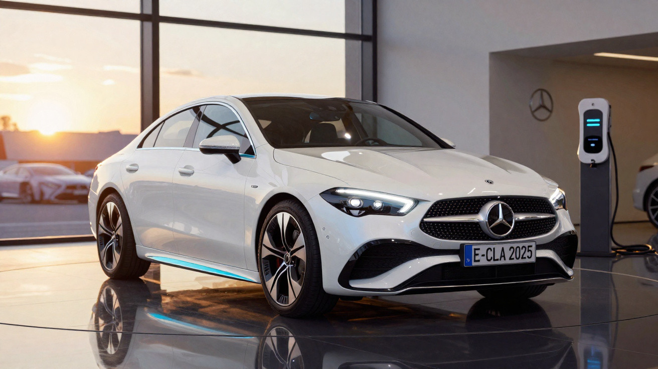 White Mercedes-Benz electric car parked indoors near a charging station at sunset.