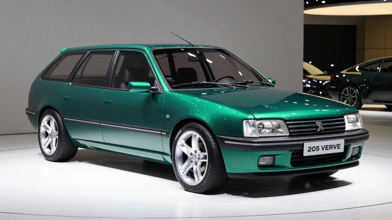 Green Peugeot 205 Verve estate car on display in a well-lit showroom with reflective floor.