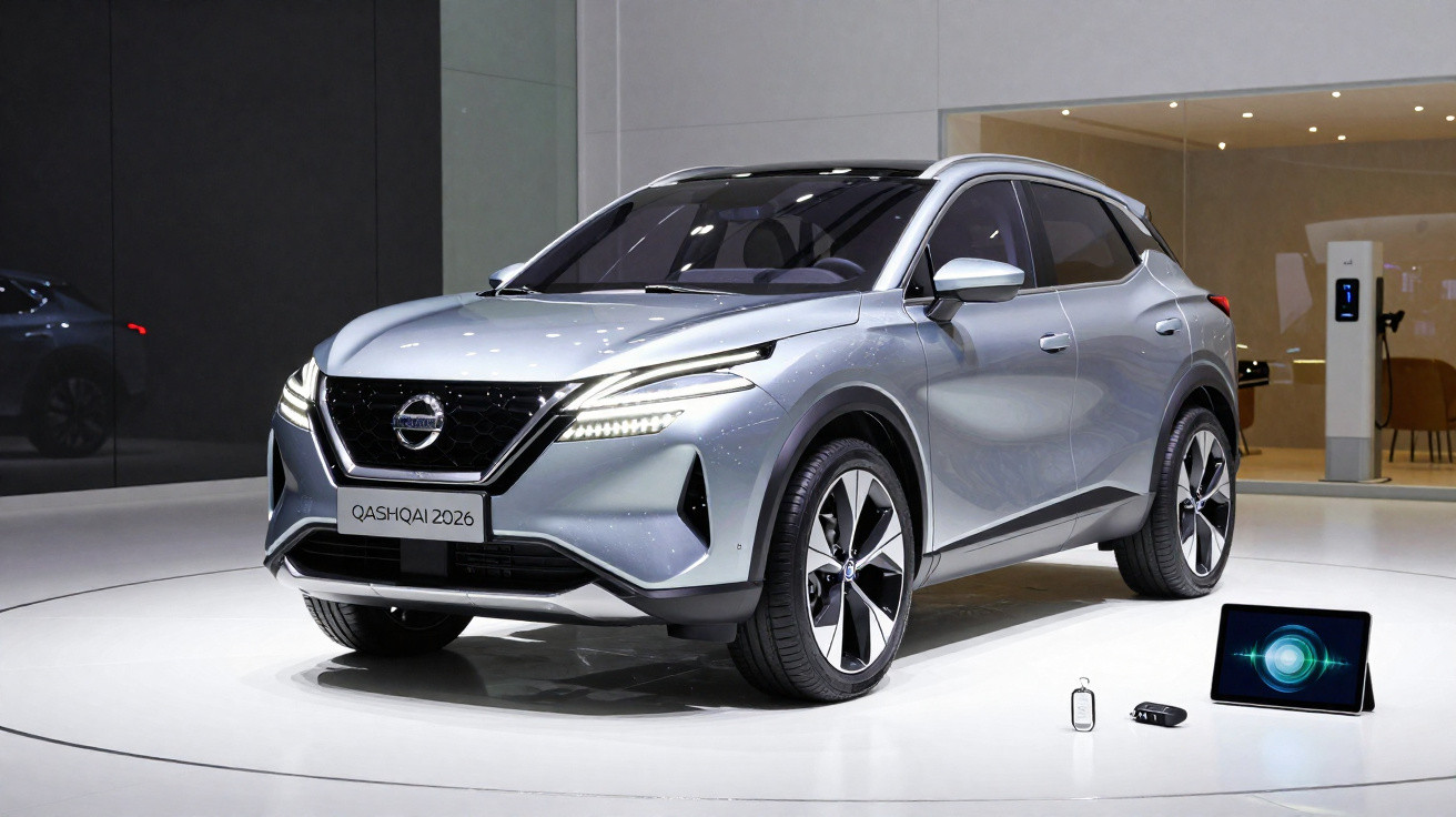 Silver 2026 Nissan Qashqai SUV displayed on a white platform with a tablet and car keys nearby.