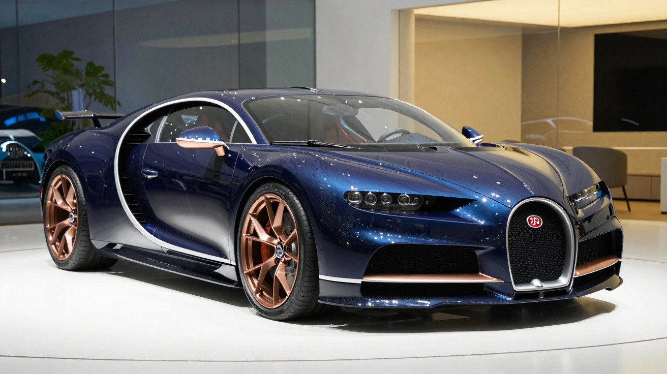 Sleek dark blue Bugatti sports car with copper-coloured wheels displayed in a modern showroom.