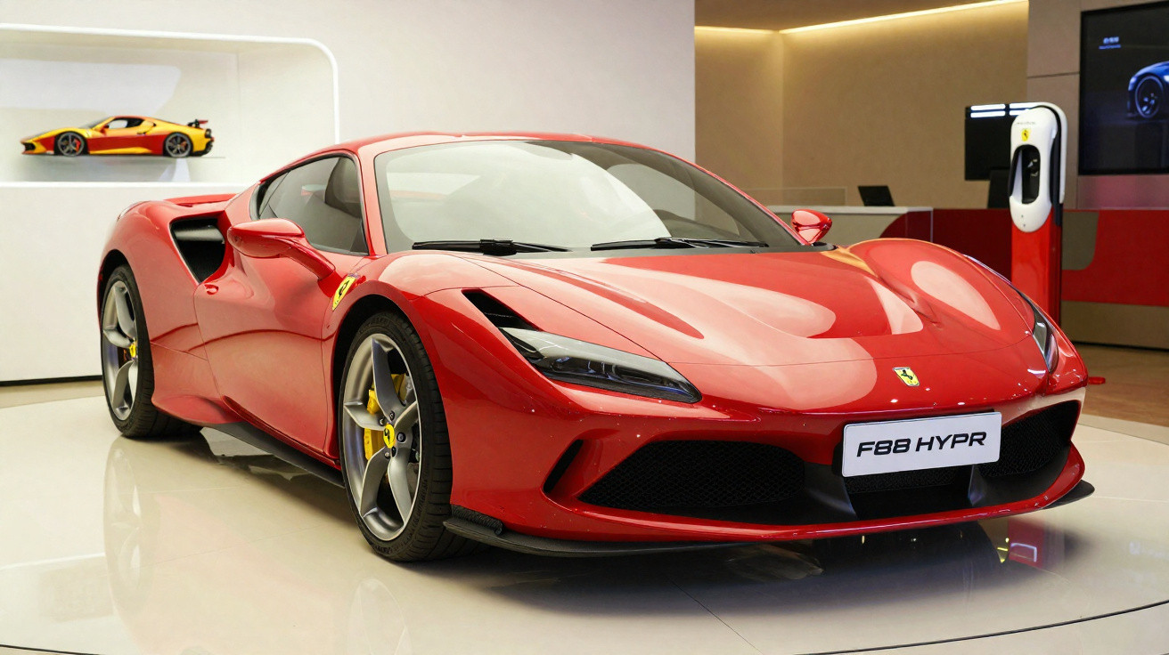 Red Ferrari F88 HYPR sports car displayed indoors on glossy floor with a yellow model car in the background.