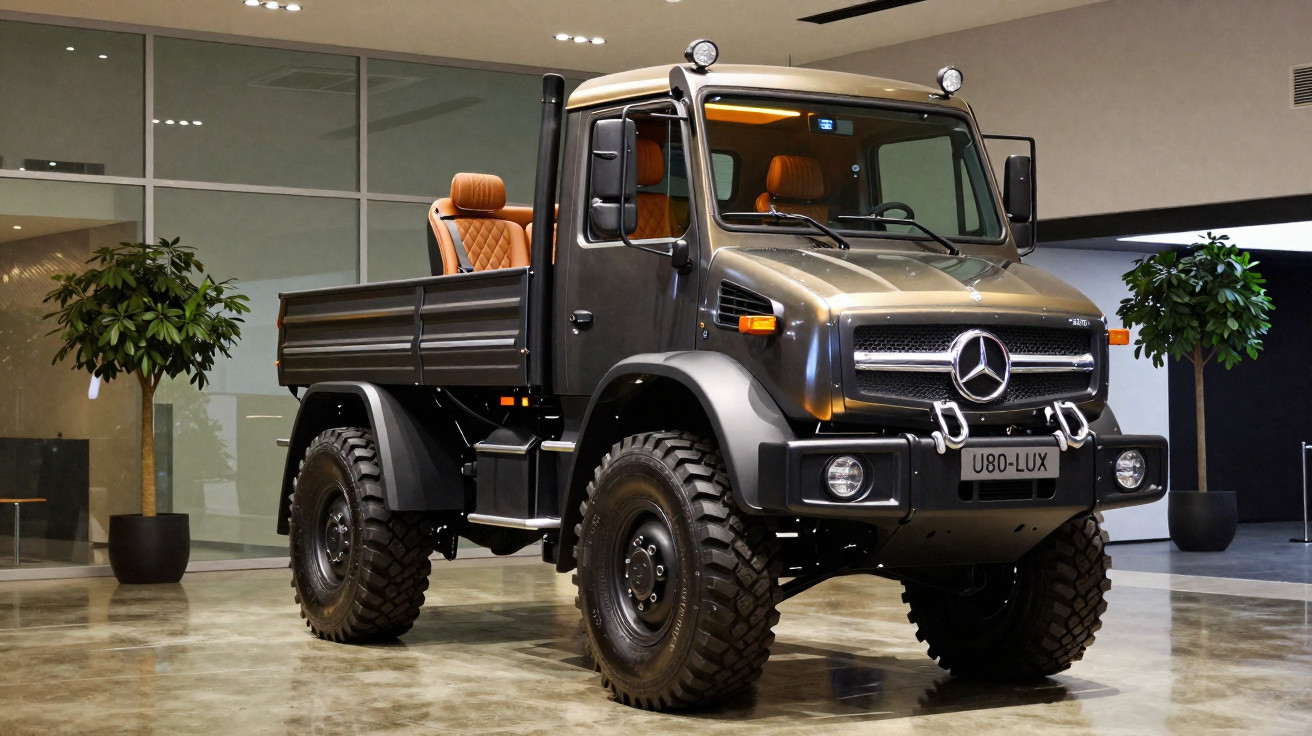 Mercedes-Benz Unimog pickup truck with rugged tires and leather interior parked indoors between two potted plants.