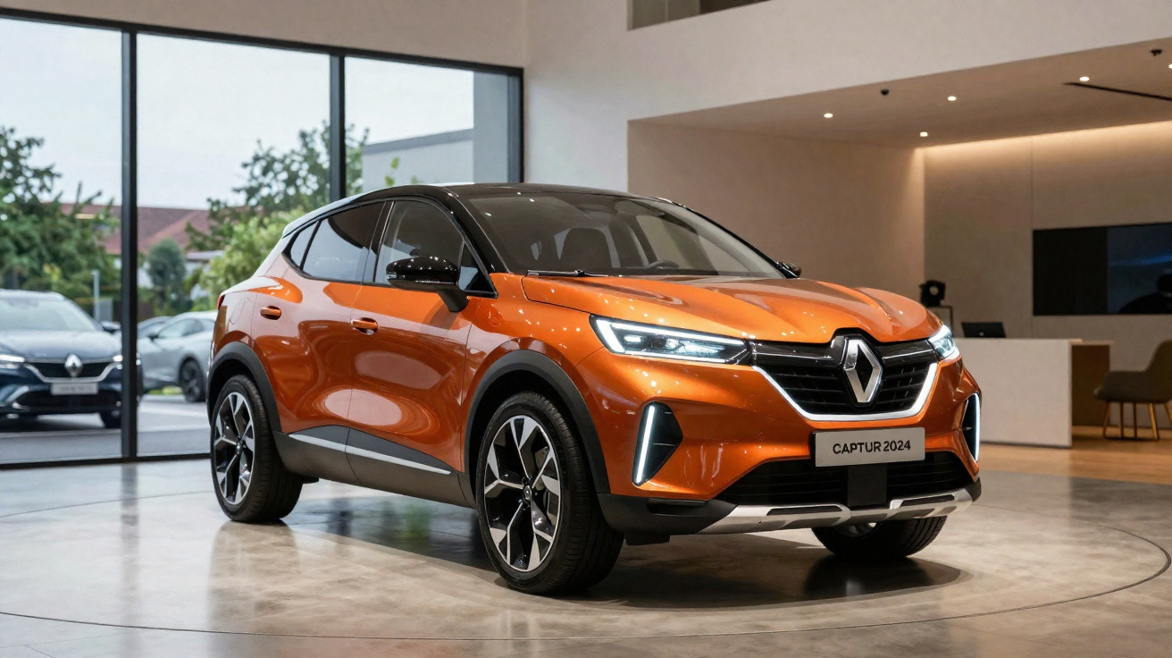 Orange Renault Captur 2024 model displayed indoors with modern LED headlights and black roof accents.